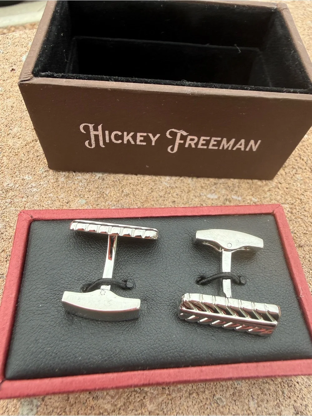 Hickey Freeman Silver Cufflinks Diagonal Stripe w/ Original Box